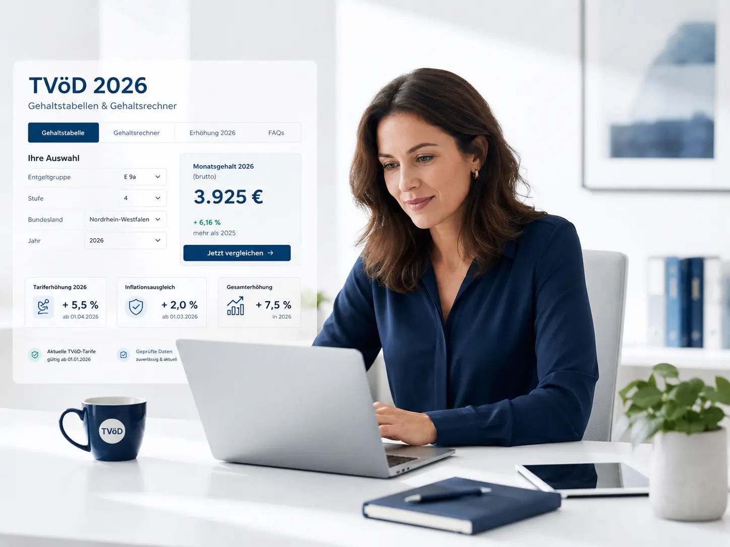 Berufstätige prüft TVöD-Gehalt 2026 mit digitaler Gehaltstabelle am Laptop